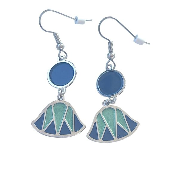 Art Deco Inspired Enamel Drop Earrings Green and Navy Blue Geometric Design for - Picture 3 of 5
